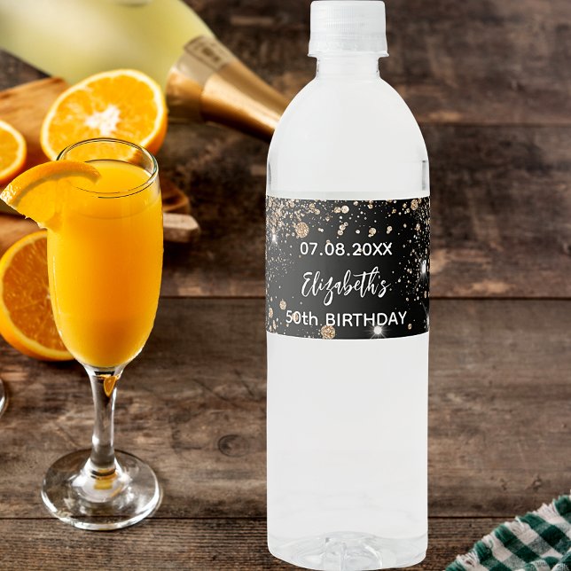 Födelsedagsfest svarta guldgnistor vattenflaskor etikett (Skapare uppladdad)