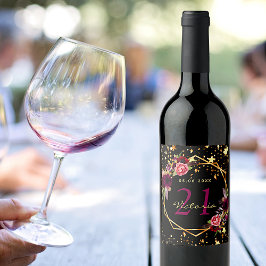 Födelsedagsfest svarta stjärnor burgundi blommigt  vinflaska etikett