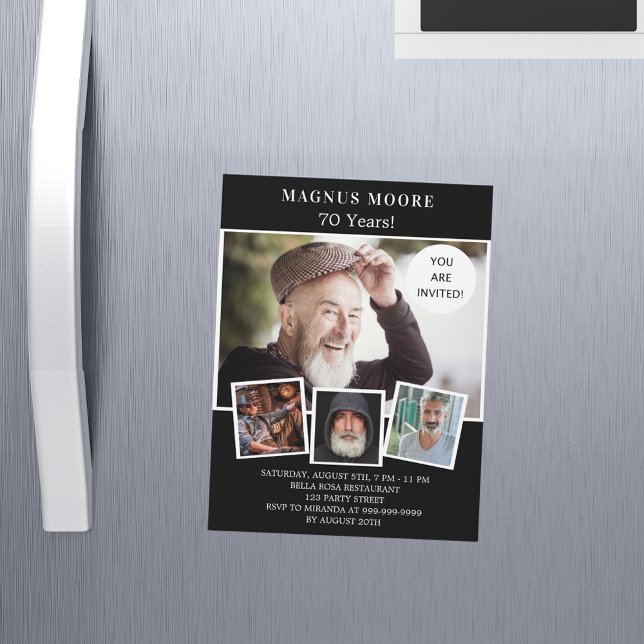 Födelsedagsfest svartvit fotokollage lyx magnetisk inbjudningskort (Skapare uppladdad)