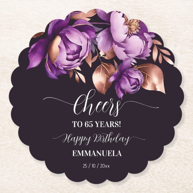 Födelsedagsfest tabbarware lila peonies-mall underlägg papper (Framsida)