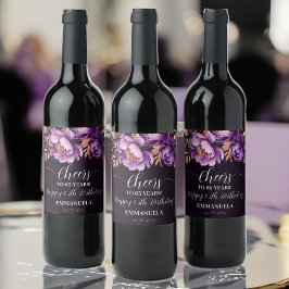 Födelsedagsfest tabbarware lila peonies-mall vinflaska etikett