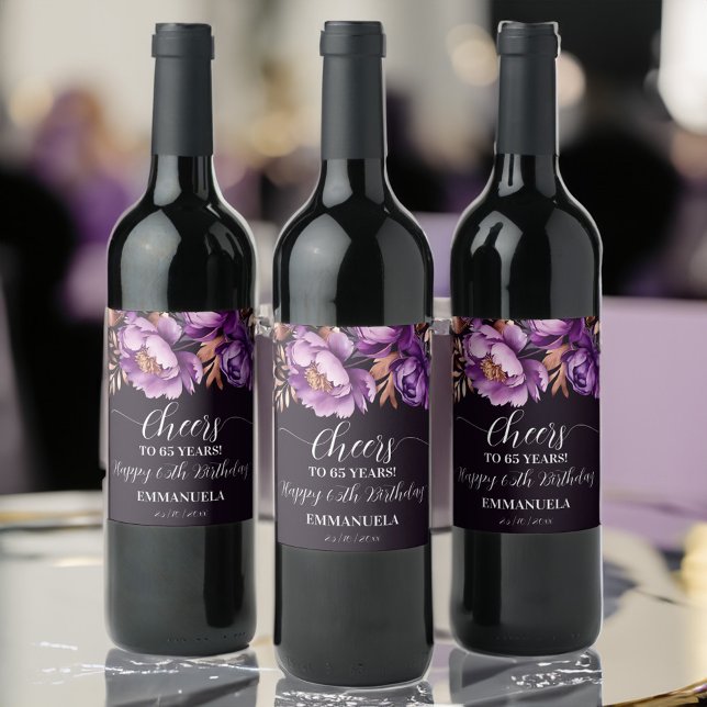 Födelsedagsfest tabbarware lila peonies-mall vinflaska etikett (Birthday party tableware purple peonies template Wine Label personalized party wine labels)