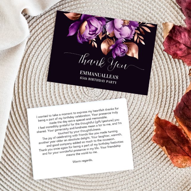 Födelsedagsfest tack för lila peonies-mallen (Birthday party thank you card purple peonies rose gold flowers template thank you card)