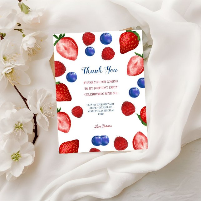 Födelsedagsfest tack skript, jordgubbtema vykort (Skapare uppladdad)
