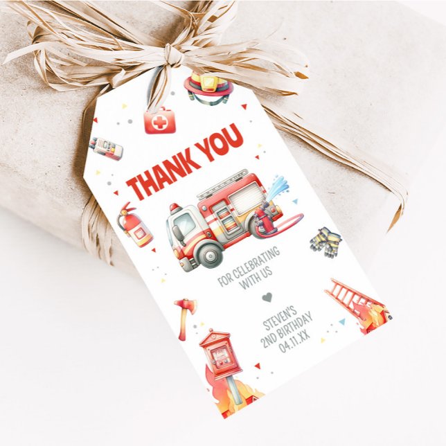 Födelsedagsfest Tacksamtsetiketter för brandbil Presentetikett (Fire Truck Birthday Party Favor Tags)