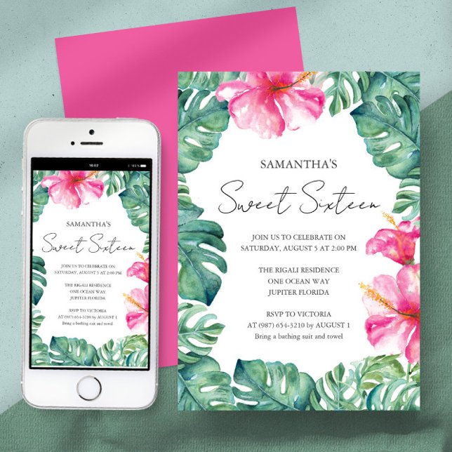 Födelsedagsfest Tropical Aloha Theme Inbjudningar (Birthday party sweet 16 invitation tropical watercolor art and design by Victoria Grigaliunas)