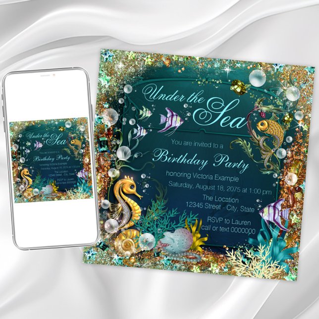 Födelsedagsfest under havet inbjudningar (Beautiful teal blue and gold under the sea any event invitation. Simply add your details. )