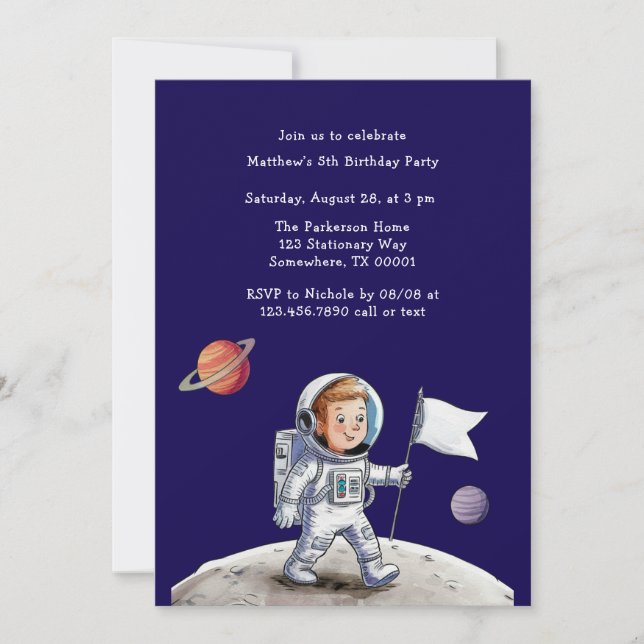 Födelsedagsfest utanför världen - astronauttema inbjudningar (Framsida)
