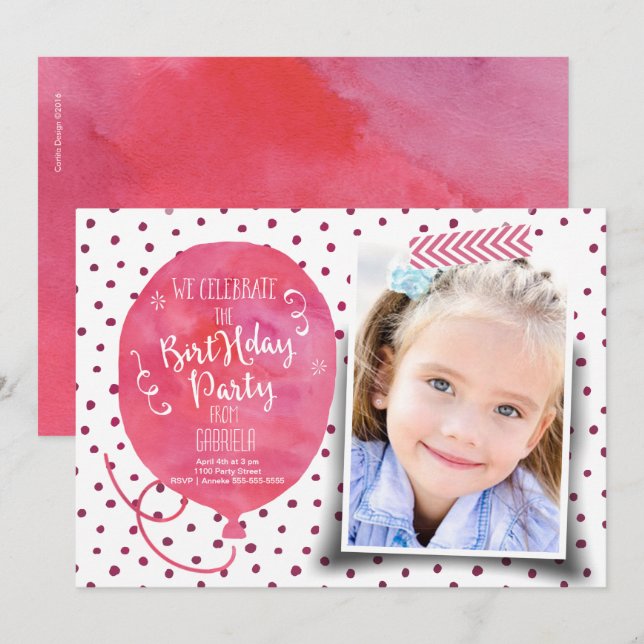 Födelsedagsfest Vattenfärg | Inbjudan Tjej (Fram/baksida)