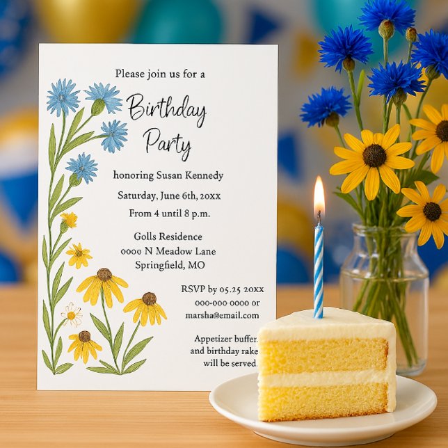 Födelsedagsfest Vattenfärg Vilda Blommor  Inbjudningar (Birthday invitation featuring floral, blue, yellow wildflowers, a summer party theme, watercolor )