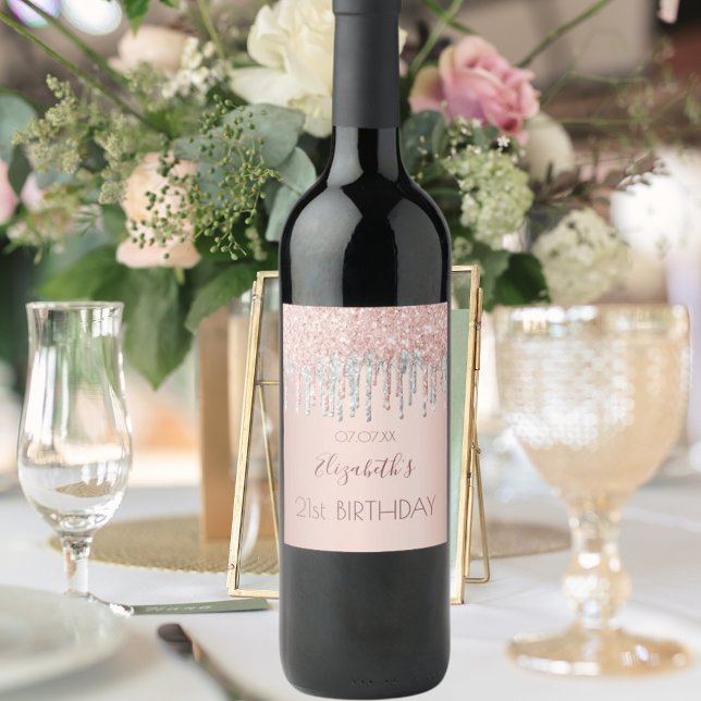 Födelsedagsfest vid guld vid rosa vid glitter vid  vinflaska etikett (Skapare uppladdad)