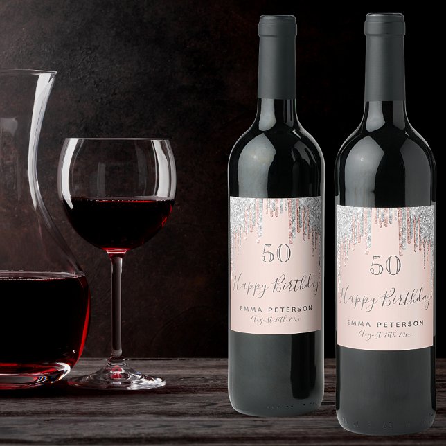 Födelsedagsfest vid guld vid rosan vid glitter vid vinflaska etikett (Skapare uppladdad)