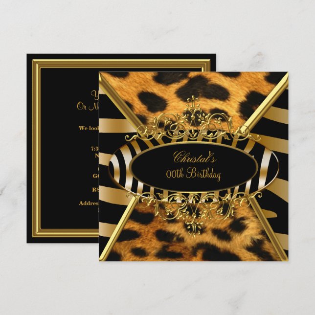 Födelsedagsfest Vild Guld Svart Zebra Leopard Inbjudningar (Fram/baksida)