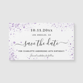 Födelsedagsfest violet glitter spara datum magnete