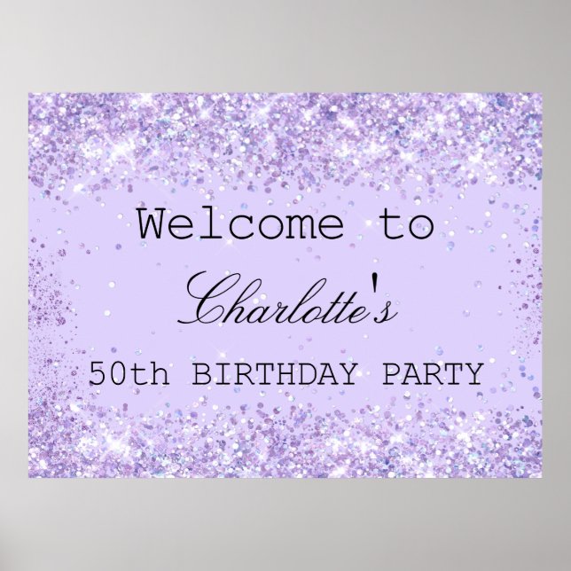 Födelsedagsfest violet lavender glitter namn poster (Framsidan)