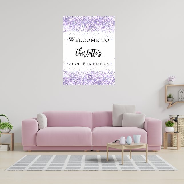 Födelsedagsfest violet lavender vit glitter namn poster (Skapare uppladdad)