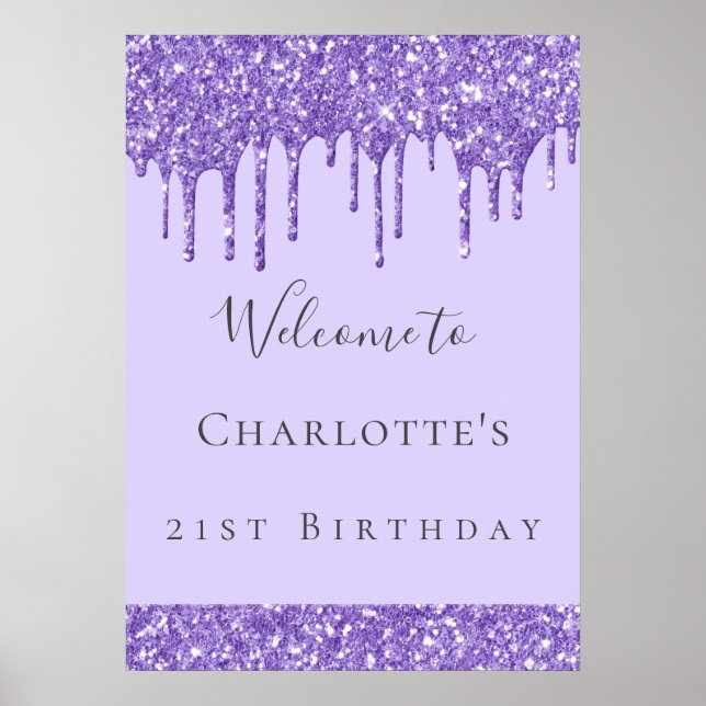 Födelsedagsfest violett lila glitter namn poster (Framsidan)
