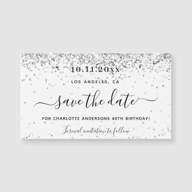 Födelsedagsfest vit silver glitter spara datumet (Framsida)
