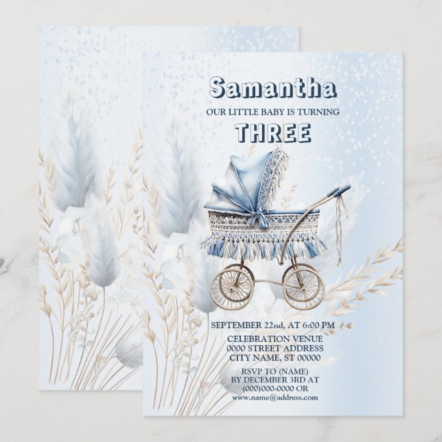 Födelsedagsfest Watercolor Classic Baby Barnvagn Inbjudningar (Fram/baksida)