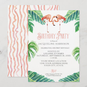 Födelsedagsfest Watercolor Rosa Flamingo Löv Inbjudningar