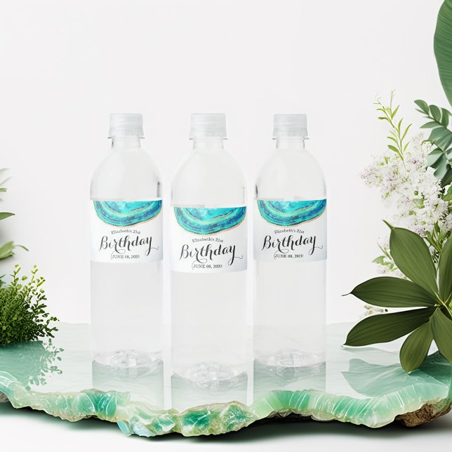 Födelsedagsfest Watercolor Teal & Guld Agate Geode Vattenflaskor Etikett (Skapare uppladdad)