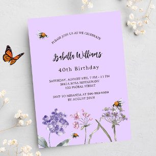 Födelsedagsfest Wildblommor violet rosa bi lyxur Inbjudningar