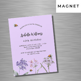 Födelsedagsfest Wildblommor violet rosa bi lyxur Magnetisk Inbjudningskort
