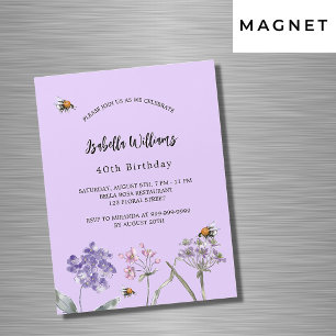 Födelsedagsfest Wildblommor violet rosa bi lyxur Magnetisk Inbjudningskort