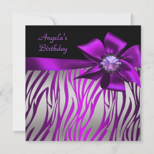 Födelsedagsfest Zebra Silver Lila Magenta Svart Inbjudningar