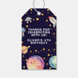 Födelsedagsfestartiklar för pojke med modern rymdr presentetikett