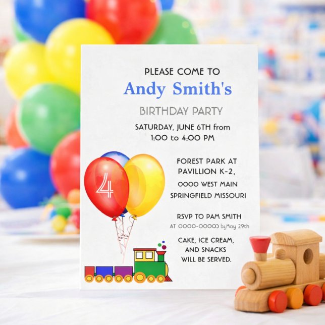 Födelsedagsfestballonger & Tåg Inbjudningar (Editable birthday invitation template for boys  personalize name, age, and details)