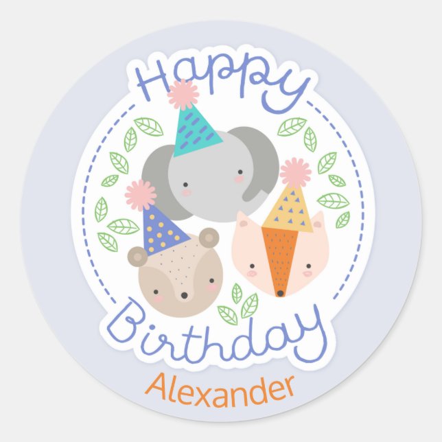 Födelsedagsfestdjurklistermärkear Runt Klistermärke (Framsida)