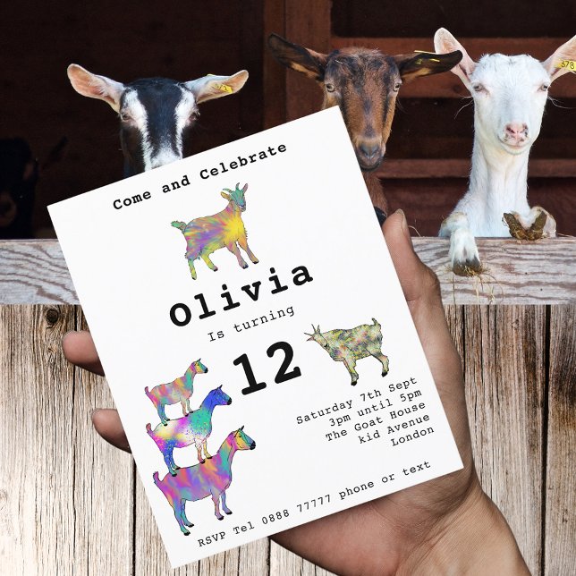 Födelsedagsfesten 12:e för färgade husgetter (Cute goats colorful farm animal a watercolor art 12th birthday party invitation & modern Typography)