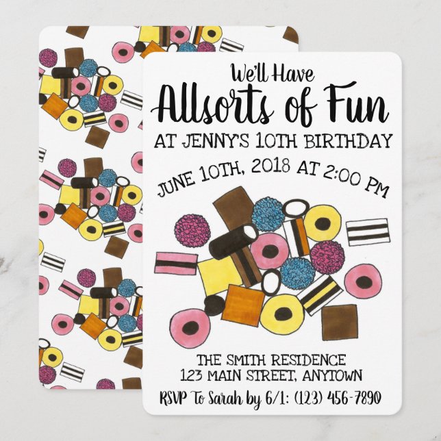 Födelsedagsfesten Allsortera Roligt Licorice All S Inbjudningar (Fram/baksida)