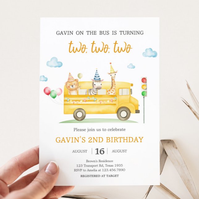 Födelsedagsfesten Animals School Buss Inbjudningar (School Bus Birthday Party Invitation)