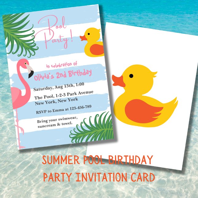 Födelsedagsfesten Anka under sommaren Bassäng Flam Inbjudningar (Summer Pool Party Birthday Invitation Card. Splash !)