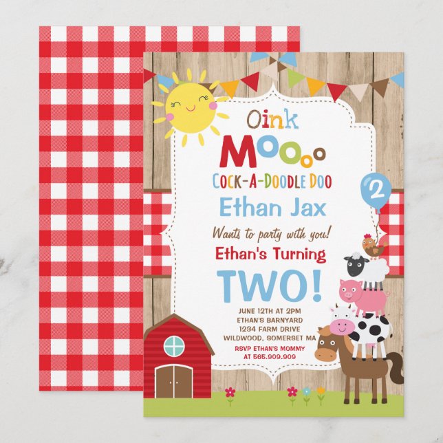 Födelsedagsfesten Barnyard med inbjudan till gårds (Fram/baksida)