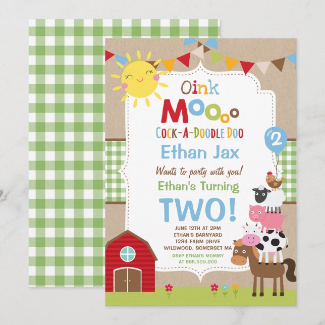 Födelsedagsfesten Barnyard med inbjudan till gårds (Fram/baksida)