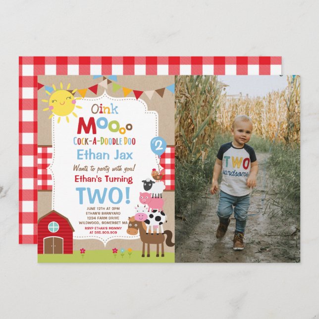 Födelsedagsfesten Barnyard med inbjudan till gårds (Fram/baksida)