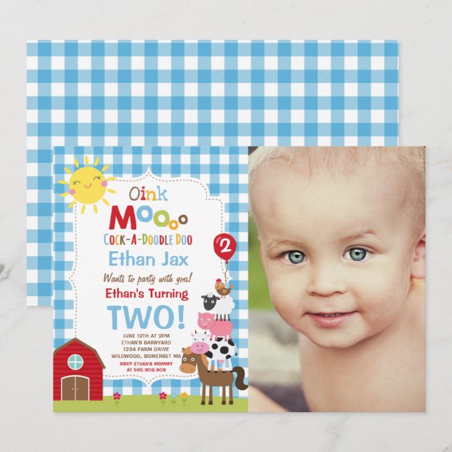 Födelsedagsfesten Barnyard med inbjudan till gårds (Fram/baksida)