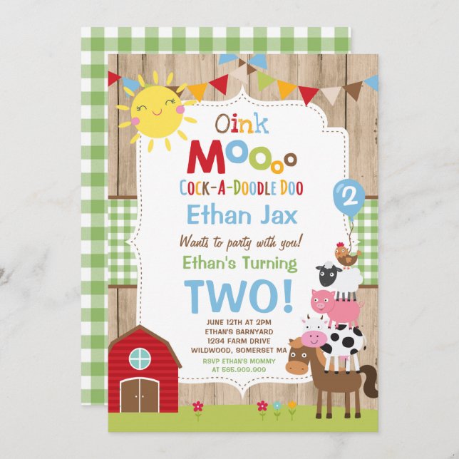 Födelsedagsfesten Barnyard med inbjudan till gårds (Fram/baksida)