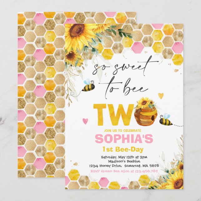 Födelsedagsfesten Bee Birthday Sunhoney Bee Inbjudningar (Fram/baksida)