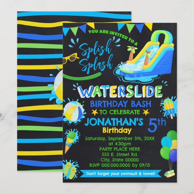 Födelsedagsfesten Blå Grönt för Stänk  Inbjudningar (Fram/baksida)