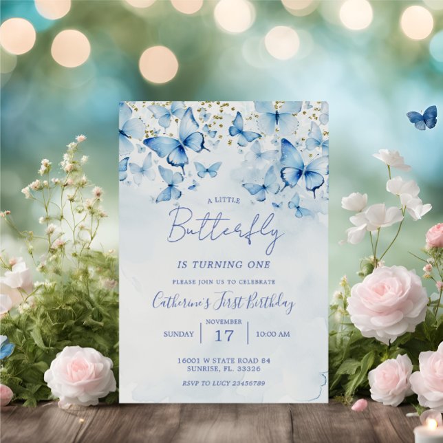 Födelsedagsfesten Blå och Glitter Butterflies Inbjudningar (Skapare uppladdad)