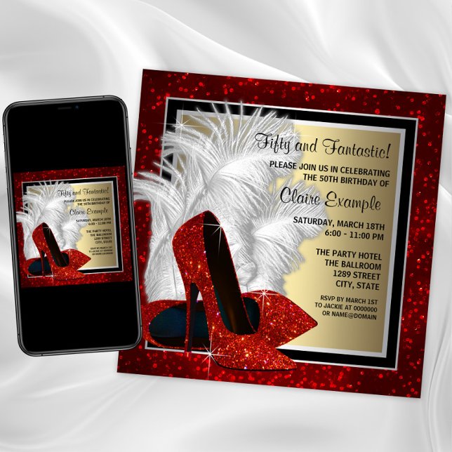 Födelsedagsfesten Black and Red and Guld Högklacka Inbjudningar (Womans red high heel shoe birthday and any event invite. Download and printed invitations available.)