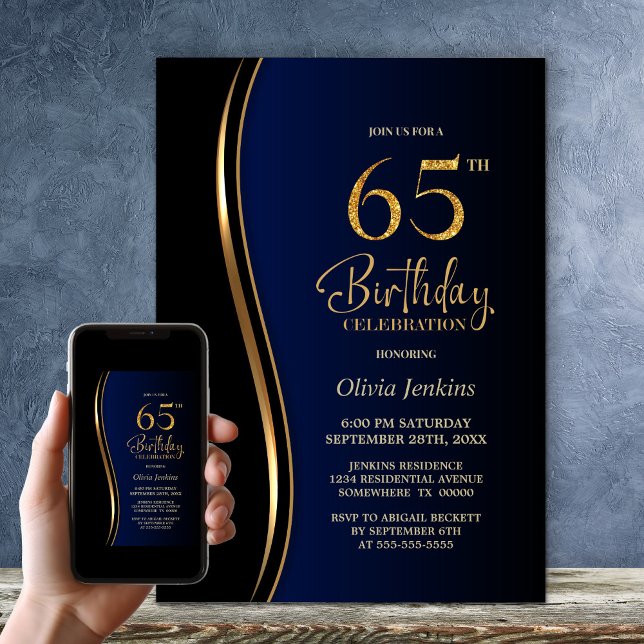 Födelsedagsfesten Black Guld Blue 65e Inbjudningar (Skapare uppladdad)