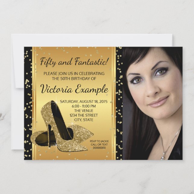 Födelsedagsfesten Black Guld High Heel Shoes Inbjudningar (Framsida)