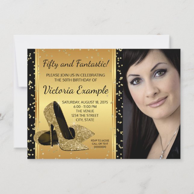 Födelsedagsfesten Black Guld High Heel Shoes Inbjudningar (Framsida)