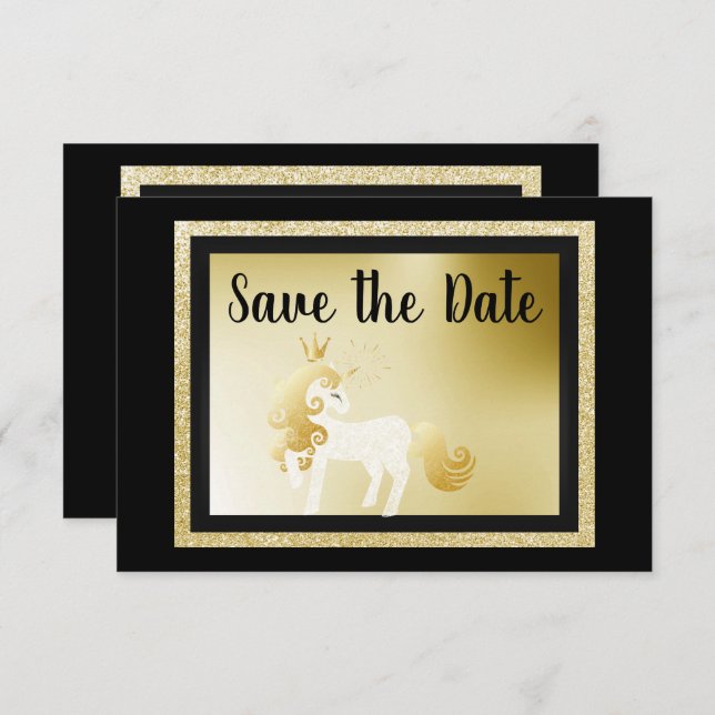 Födelsedagsfesten Black Guld Unicorn Spara datum Inbjudningar (Fram/baksida)