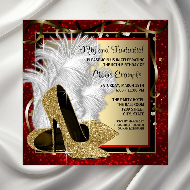 Födelsedagsfesten Black Red Högklackars Inbjudningar (Beautiful gold shoes on a red, black and gold feathers and confetti background any event invitation.)
